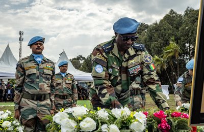 MONUSCO officers, the UN Under-Secretary-General in charge of Peace Operations and more officials at a memorial service for lives lost in anti UN protests. Goma, North Kivu. August 2022. Credit: MONUSCO/Kevin Jordan.