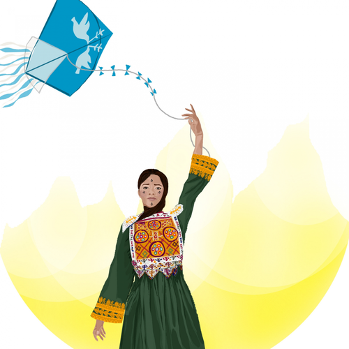 Afghan Solidarity Fund artwork depicting a women in tribal dress waving a peace flag, by Ghazal Qadri, an illustrator from Afghanistan